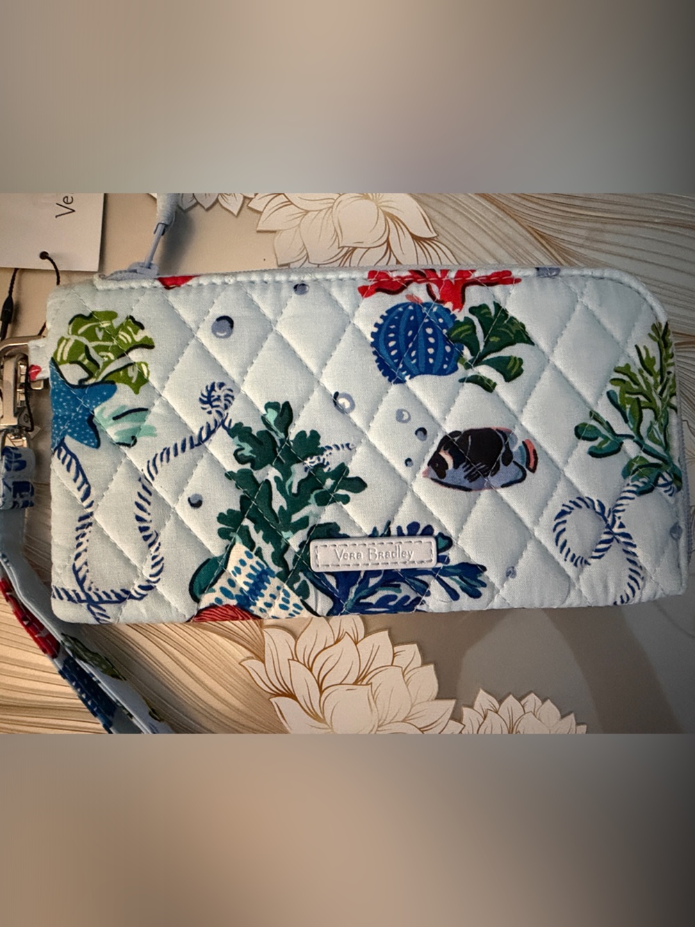Vera Bradley Quilted Tech Seaside Print Wristlet in Light Blue Anchors Aweigh